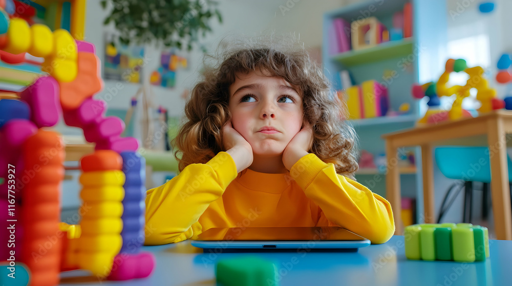 Obraz premium Young child rests head on hands, contemplating while surrounded by bright toys in a cheerful room