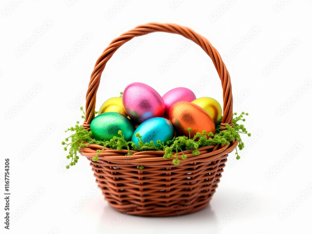 Image of a filled wicker basket with colored eggs, possibly for Easter celebration, lined with greenery or plant material, and vibrant colors - Generative AI Image of a filled wicker basket with colored eggs, possibly for Easter celebration, lined with greenery or plant material, and vibrant colors - Generative AI