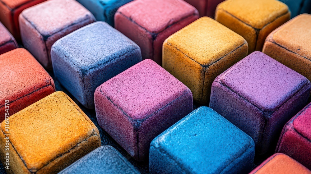 Colorful textured cubes arranged in grid pattern. Colorful textured cubes arranged in grid pattern.