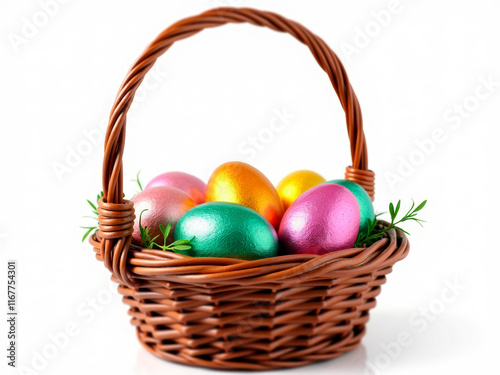 Image of a wicker Easter egg basket with colorful eggs purple, yellow, green, blue, pink and greenery decoration - Generative AI photo