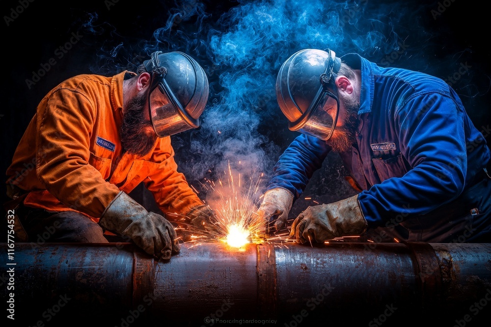 Two Welders Working Together as Sparks Fly and Glowing Metal Contrasts Against Dark Shadows in 3D Lighting for Industrial Scene Two Welders Working Together as Sparks Fly and Glowing Metal Contrasts Against Dark Shadows in 3D Lighting for Industrial Scene