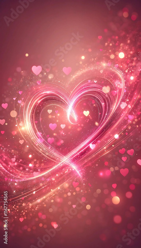 A vibrant pink heart glowing, surrounded by swirling lights, sparkles, and shimmering particles, creating a romantic atmosphere, perfect for Valentine's Day and love-themed celebrations, generative ai