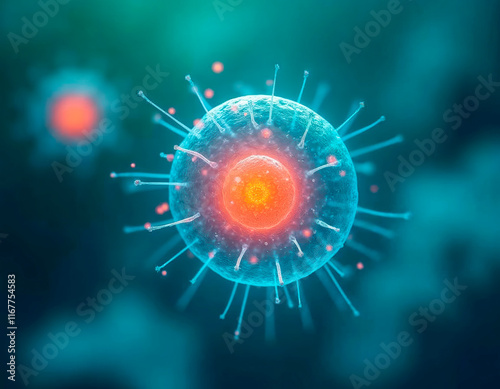 Digital illustration showcases mitochondrion, cells powerhouse, with vibrant orangered core and surrounding white cristae structures These structures play essential roles in cel - Generative AI