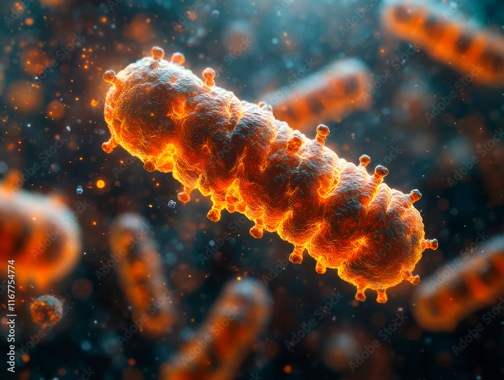 Digital illustration of a cell or virus, possibly bacteriaviruses, with replicating cells and flagella, glowing for movement Background gradient adds depth to 3D quality, often u - Generative AI Digital illustration of a cell or virus, possibly bacteriaviruses, with replicating cells and flagella, glowing for movement Background gradient adds depth to 3D quality, often u - Generative AI