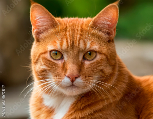 Close-up of a calm, adult tabby cat with distinctive markings and amber eyes, in an outdoor setting possibly a garden or park - Generative AI photo