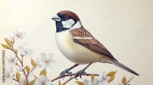 A detailed illustration of a sparrow perched on a branch with blossoms. photo