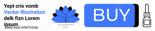 Blue buy button next to a flower illustration, eyedrops icon, and sample text in black and blue. Ideal for online shopping, e-commerce, call-to-action, website design, user experience, digital