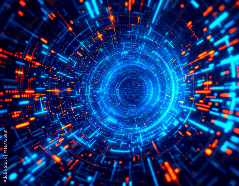 Fototapeta premium Futuristic scene, bright colors, vibrant atmosphere, large blue circle with intricate patterns, smaller lights orange, yellow, white, scattered throughout, network-like appearanc - Generative AI