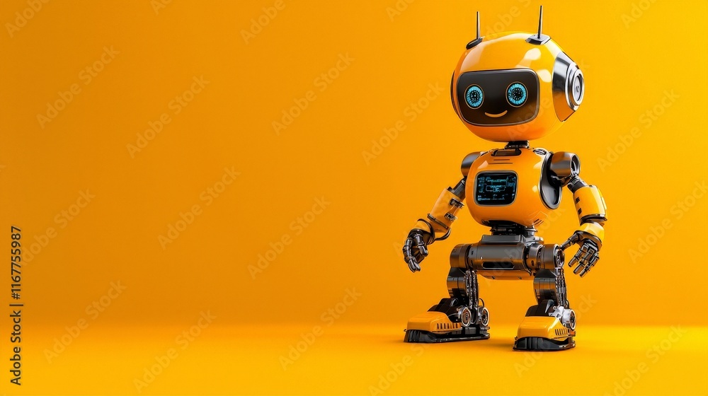 Friendly Robot with Metallic Body and Digital Smile Standing Against Yellow Background, Perfect for Children's Themes and Technology Concepts Friendly Robot with Metallic Body and Digital Smile Standing Against Yellow Background, Perfect for Children's Themes and Technology Concepts