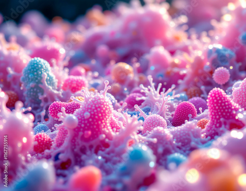 Close-up view of vibrant pink coral reef with unique spherical creatures, showcasing intricate patterns and diverse textures - Generative AI photo