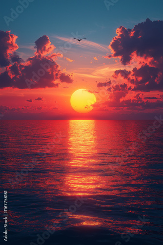 Photo réaliste professionnelle d’un coucher de soleil serein sur un océan calme avec un ciel vibrant et un goéland solitaire à l’horizon