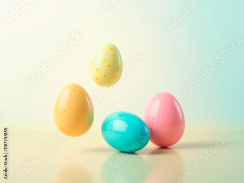 A group of four Easter eggs, each with unique colors and patterns, are arranged in an incomplete circle on a reflective surface Some appear to be floating due to angle and positio - Generative AI photo