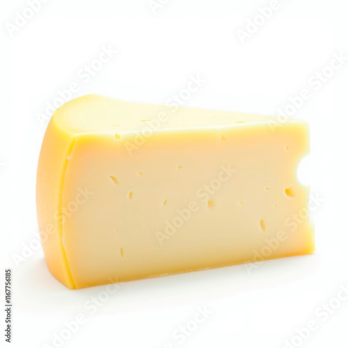 A single, wedge-shaped slice of yellow, soft cheese with small holes on a white background Handcut, evenly lit, and plump in appearance - Generative AI photo