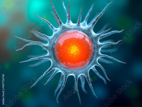 Microscopic image of an oocyteegg cell, showcasing central cytoplasmic mass possibly yolk, microfilaments actin fibers and blurred background representing other cells or tiss - Generative AI photo