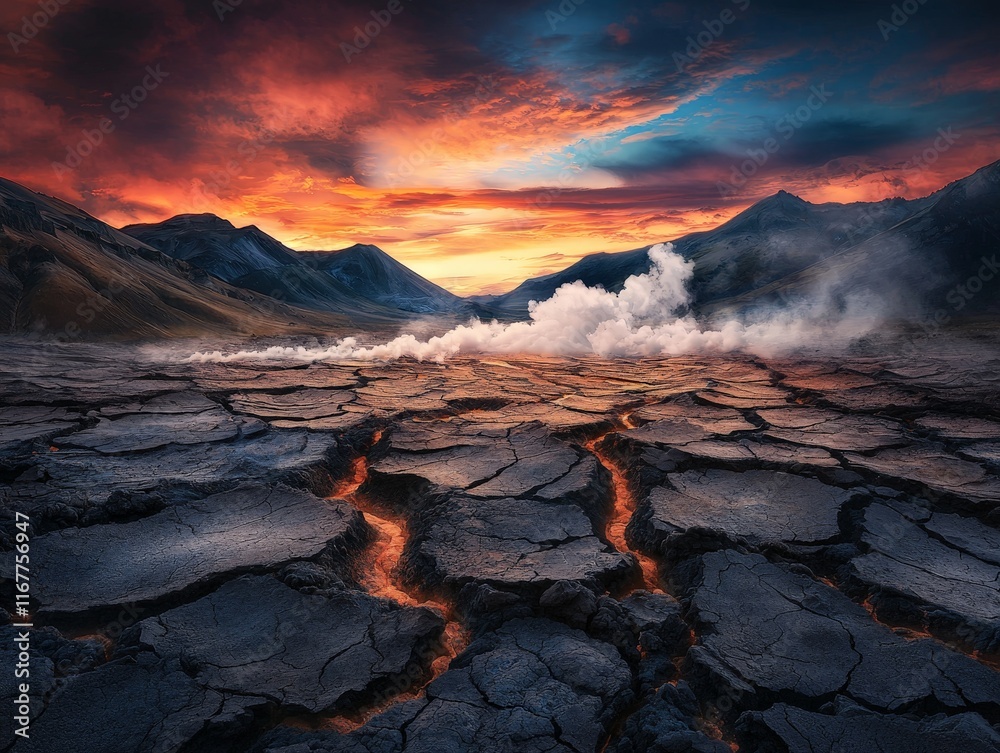 Obraz premium Stunning Volcanic Landscape with Layered Cracked Soil and Smoky Atmosphere at Dusk, Highlighting Nature's Raw Power and Geological Processes