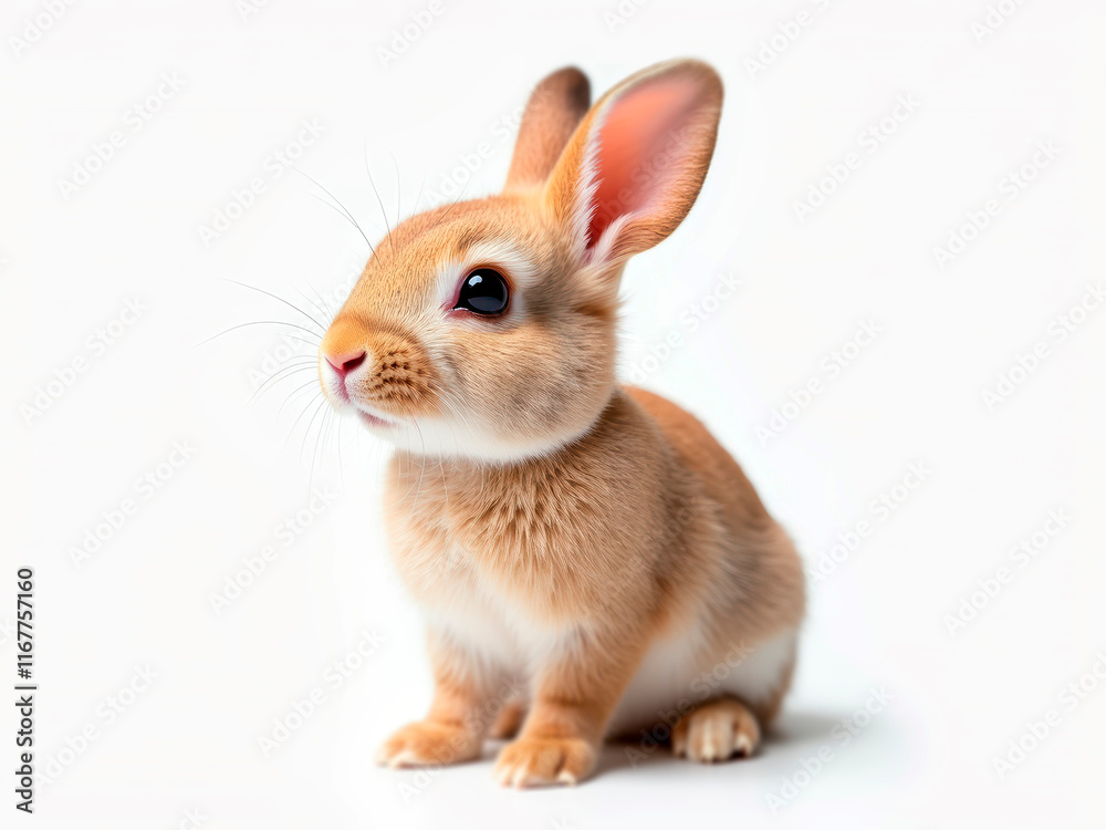 Obraz premium A well-groomed, white rabbit is sitting upright with focused eyes in a simple background - Generative AI