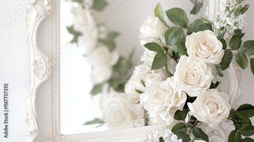 A vintage-inspired mirror framed with white roses