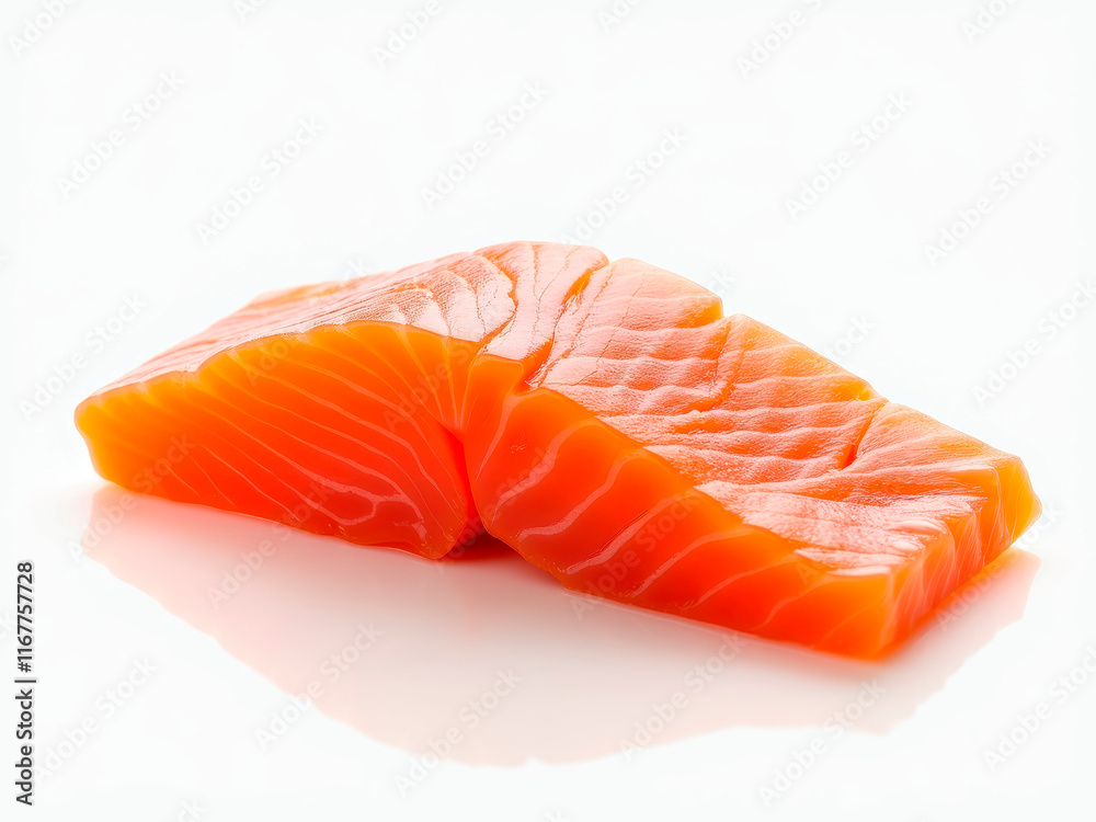 A single piece of rectangular salmon sushi, showcasing visible layers and pinkish-orange raw salmon color The thin white membranes suggest precise slicing technique Reflective su - Generative AI A single piece of rectangular salmon sushi, showcasing visible layers and pinkish-orange raw salmon color The thin white membranes suggest precise slicing technique Reflective su - Generative AI