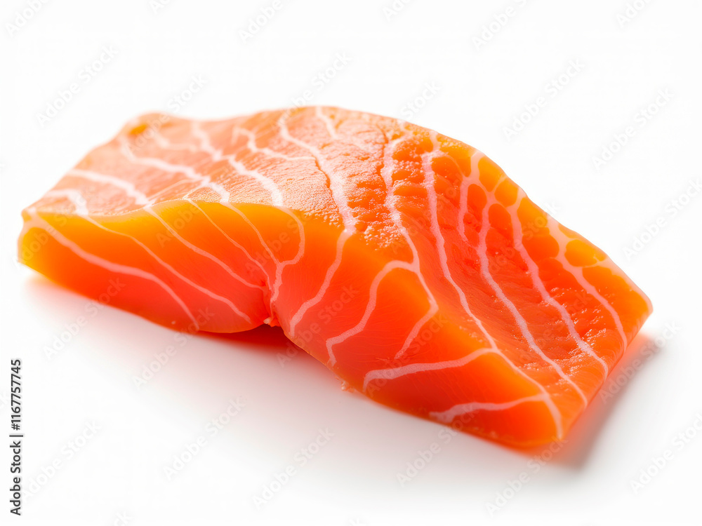Image of a fresh, vibrant orange sushi-grade salmon slice against a light background, showcasing its distinctive pink marbling - Generative AI Image of a fresh, vibrant orange sushi-grade salmon slice against a light background, showcasing its distinctive pink marbling - Generative AI