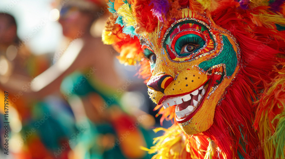 Obraz premium Colorful Traditional Lion Costume Close-Up Vibrant Fur and Intricate Details Concept of Cultural Celebrations Festive Traditions and Creative Artistry. Chinese New Year