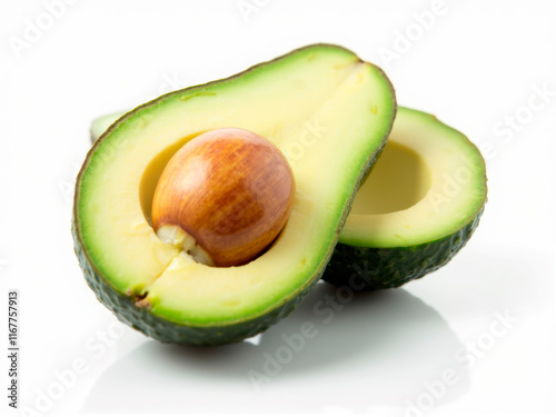 Image shows two half avocados on a white surface, highlighting their vibrant green flesh and contrasting brown seeds Clean and simple style emphasizes the fruits natural beauty a - Generative AI photo