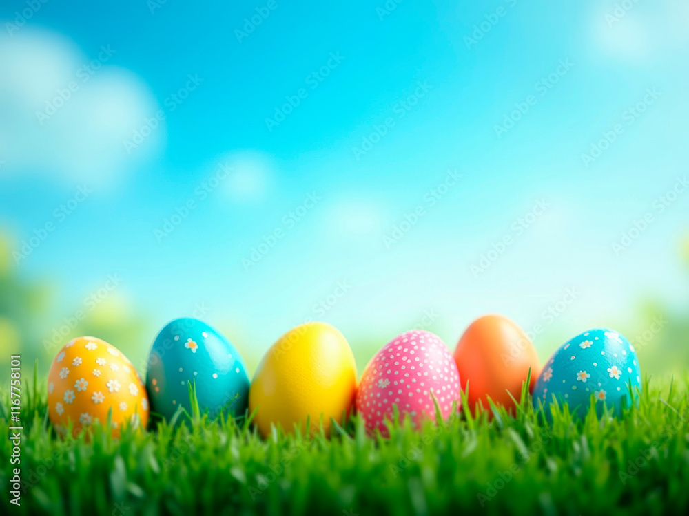 A vibrant Easter scene features six colorful Easter eggs on a grassy field, with a rainbow overhead - Generative AI A vibrant Easter scene features six colorful Easter eggs on a grassy field, with a rainbow overhead - Generative AI