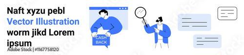 Character with cashback sign, character examining with magnifying glass, chat bubbles. Ideal for business, marketing, promotions, customer service, research, financial apps, website UI. Landing page