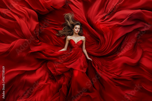 Elegant woman in a flowing red dress surrounded by vibrant fabric on a dramatic backdrop
