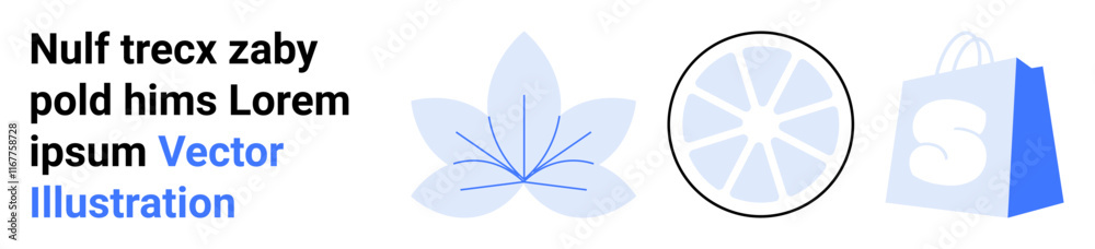 Text in black and blue, a blue flower, a black outlined circle with blue segments, and a blue shopping bag with an S symbol. Ideal for branding, graphic design, e-commerce, floral themes, and vector Text in black and blue, a blue flower, a black outlined circle with blue segments, and a blue shopping bag with an S symbol. Ideal for branding, graphic design, e-commerce, floral themes, and vector