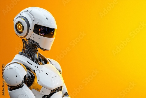 Sleek and Stylish Tall Slim Robot with Elegant Proportions Against a Vibrant Yellow Background Ideal for Futuristic Conceptual Artwork and Technology Themes photo