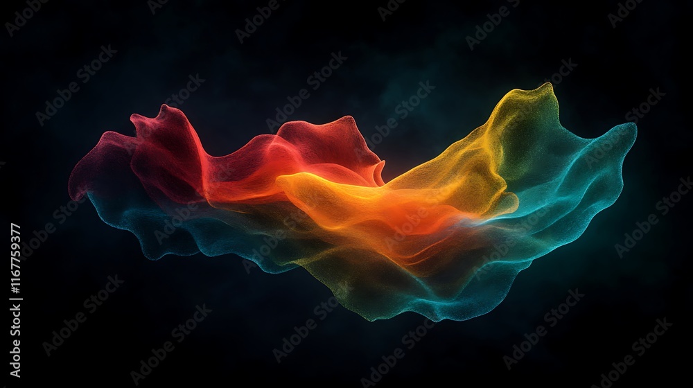 Obraz premium dynamic abstract shape glowing in red, yellow, and green over a dark grainy noise texture 