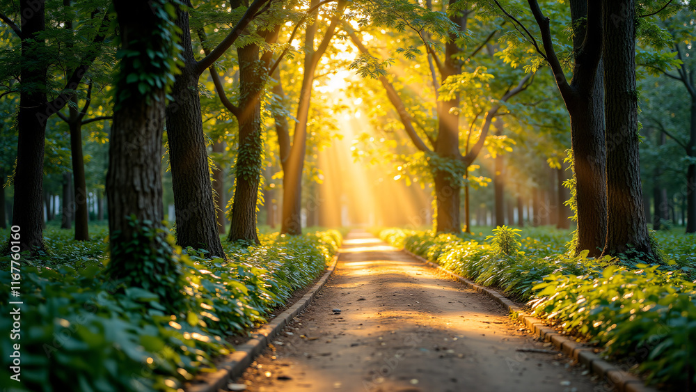 Fototapeta premium Shady Path with Trees and Soft Sunshine