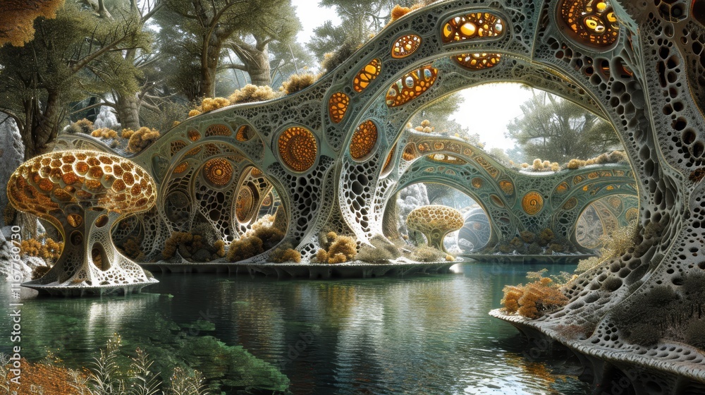 Obraz premium A fantastical landscape featuring intricate, otherworldly tree-like structures with luminous orbs reflecting in a serene pond in a mystical forest
