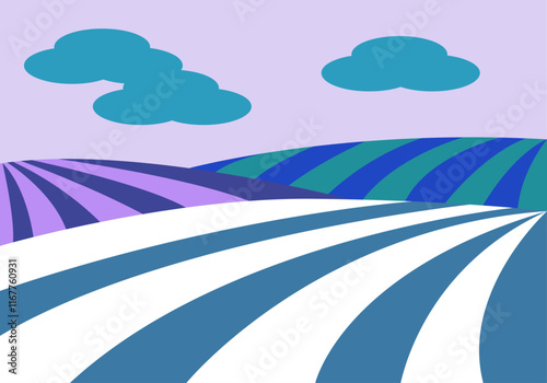 Paisaje abstracto de campos de cultivo blanco, azules, morado y verde con nubes