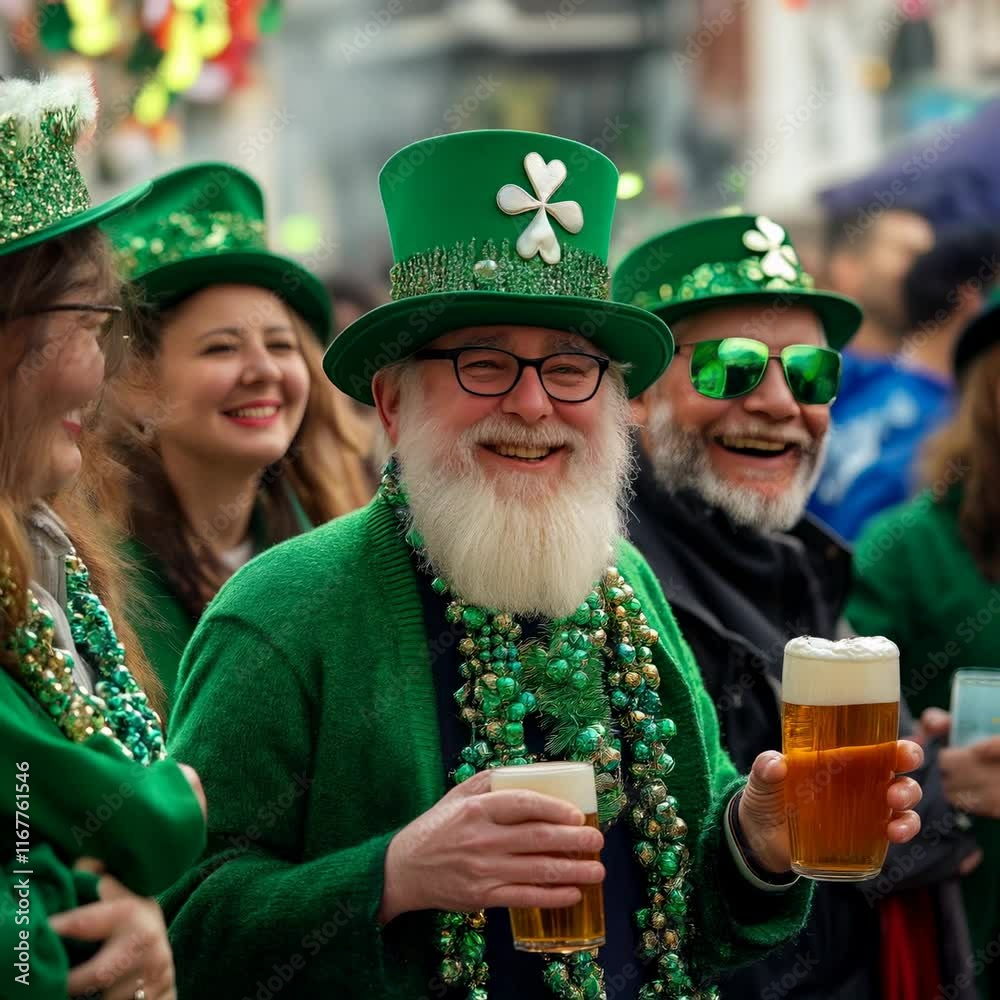 Bearded man wearing green Saint Patrick's day costume, holding two beers