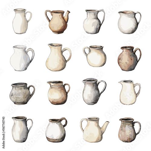 Clay Milk Jugs Collection Watercolour Illustration On White Background Unique Artwork Creative Design Rustic Pottery Illustrations Decorative Elements Handcrafted Ceramics Artistic