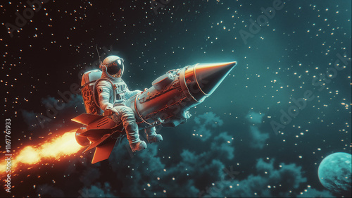 Astronaut riding a vintage rocket through a colorful starry space landscape at night