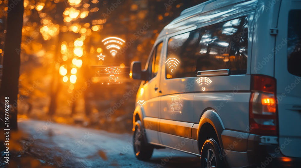 vanlife camper van with holographic wifi symbols in autumn sunrise in nature vanlife camper van with holographic wifi symbols in autumn sunrise in nature