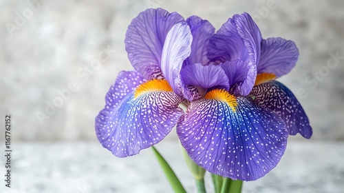 Close-up of a vibrant purple iris flower with intricate details and speckled petals against a muted background. photo