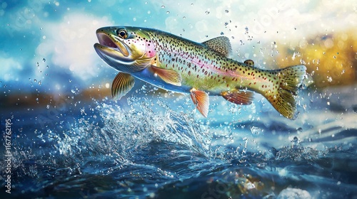 Rainbow trout leaping from water, splashing. photo