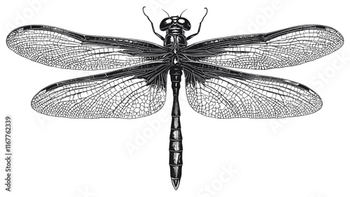Dragonfly Detailed Vintage Engraving Illustration on White Background with Intricate Texture Classic Insect Art Antique Style Elegant Wings Graphic Vintage Nature Design
