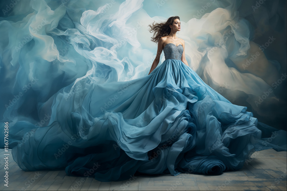 Elegant woman in flowing blue dress surrounded by soft, swirling clouds in a dramatic artistic setting Elegant woman in flowing blue dress surrounded by soft, swirling clouds in a dramatic artistic setting