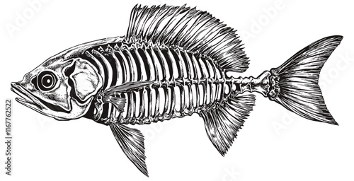Fish Skeleton Detailed Vintage Engraving Illustration on White Background with Intricate Texture Classic Marine Life Antique Style Anatomical Graphic Vintage Ocean Creature Design