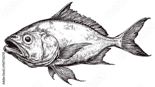 Fugu Fish Detailed Vintage Engraving Illustration on White Background with Intricate Texture Classic Seafood Art Antique Style Puffer Fish Graphic Vintage Aquatic Creature Design