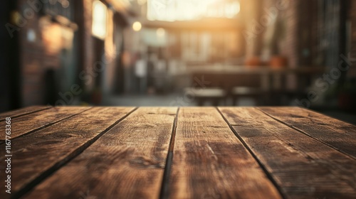 Rustic wooden table in a blurred outdoor cafe setting. photo