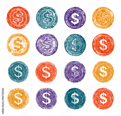 Money Signs Form Round Stamps Set Icons Linocut Style White Background Currency Financial Illustrations Pound Cash Graphics Payment Icons Economic Design Elements Vintage Currency