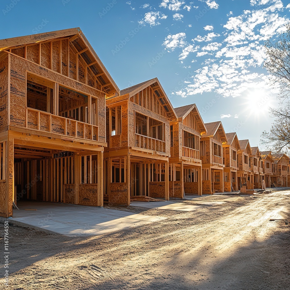 Residential construction development project suburban area architectural photography daytime wide angle real estate investment
