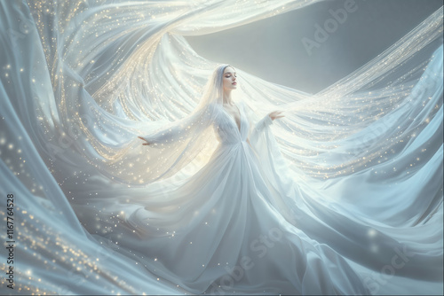 Ethereal figure in flowing white gown surrounded by luminous fabric and sparkles creates a dreamlike atmosphere