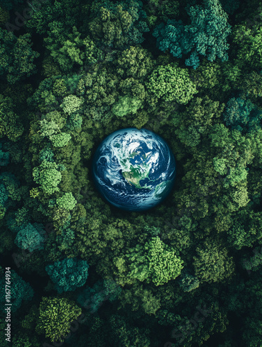 Top view of earth surrounded by green vegetation, with a dense forest in the background, earth day concept