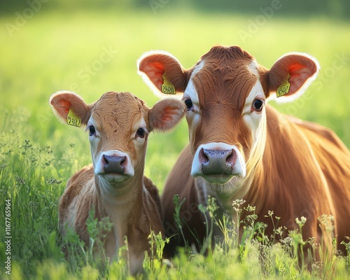 Jersey Momma Cow Nurturing Her Young Calf on Lush Green Farm: A Heartwarming Agriculture Scene